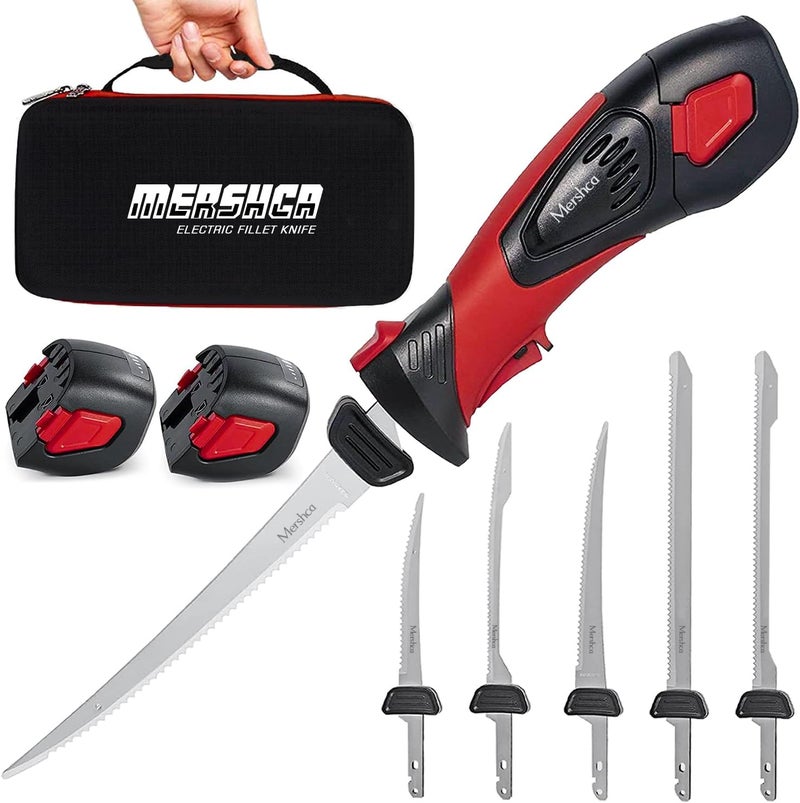 Mershca Cordless Electric Fillet Knife, with 5 Ti-Nitride S.S. Coated Non-Stick Reciprocating Blades & Cooling Hole Non-Slip Grip Handle & Practical handbag, Rechargeable Electric Knife for Fishing - Image 1